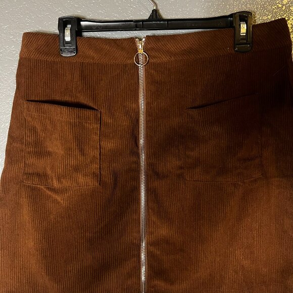 SHEIN Brown Corduroy Skirt XL Zip Front Mini Skirt with Pockets W34 L16 - Picture 3 of 4